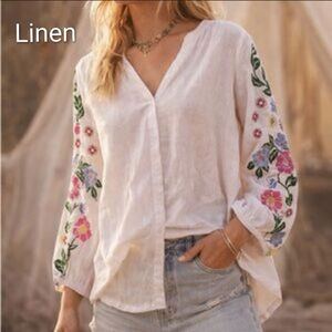 Linen Boho Blouse White Floral V-Neck Top M Charter Club Luxury Button Up